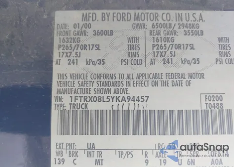 2000 Ford F-150 Lariat/Xl/Xlt из США, поврежденный, VIN 1FTRX08L5YKA94457